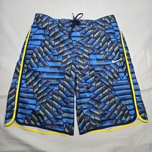 Vintage NIKE Swim Trunks Board Shorts Men L Blue Yellow Beach Surf Pockets